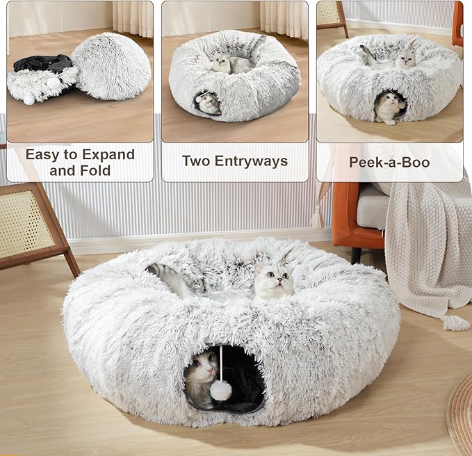 Cat Tunnel Bed, Cat Tunnels for Indoor Cats with 6 Extra Snap Fasteners, Donut Tunnel Tube with Cat Toys Balls for Bored Indoor Adult Cats, Peekaboo Cave Playground for Kitten Rabbit Ferret Hideaway