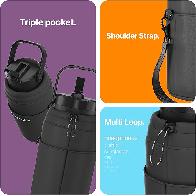 Hydro Gallon® Nomad - Insulated 64oz Half Gallon Water Bottle Jug with Sleeve, Straw Lid, Handle, Strap, Pockets. Large Stainless Steel Metal Gym Thermos. Wide mouth, Leakproof, BPA free. 62oz (Black)