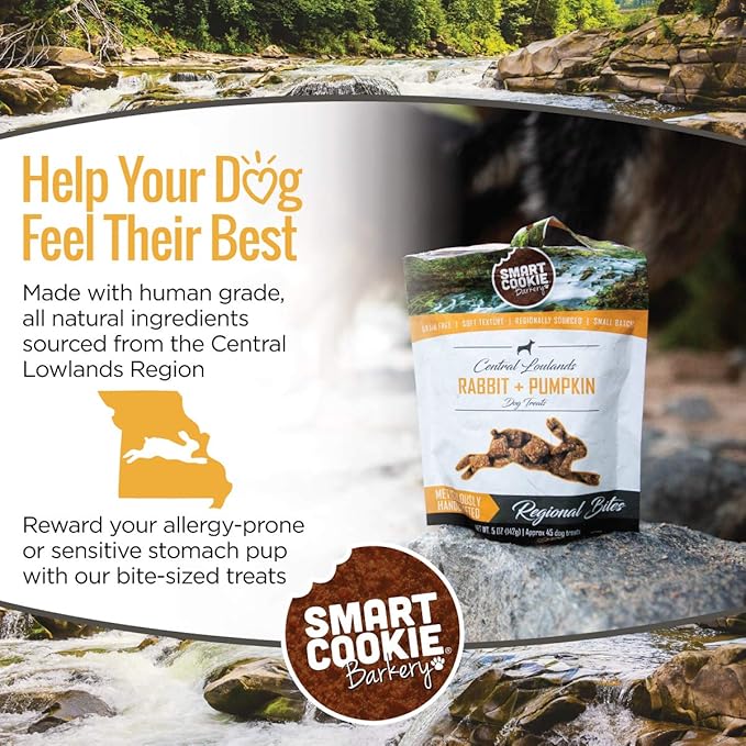 Smart Cookie All Natural Dog Treats - Rabbit & Pumpkin - Training Treats for Dogs with Allergies or Sensitive Stomachs - Soft Dog Treats, Grain Free, Chewy, Human-Grade, Made in USA - 5oz, Pack of 3