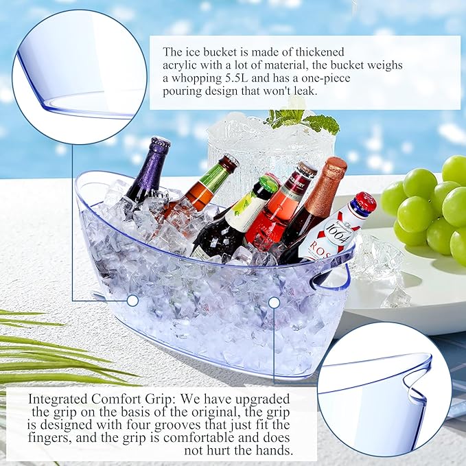 Ice Bucket 2 PCS,Acrylic Ice Buckets for Parties, Mimosa Bar Supplies Beverage Tub and Scoops for Champagne Beer Sparkling Wine Cocktails（5.5L）Extra Large Model (Blue)