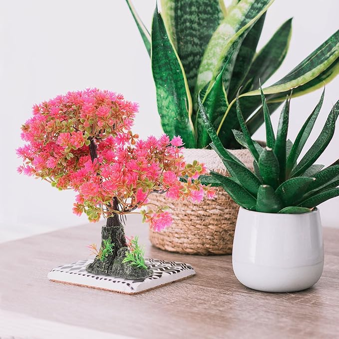 POPETPOP Artificial Aquarium Plant Plastic Water Plant Tree Fish Tank Bonsai Ornament Fish Tank Hideout Sushi Plate Decor for Aquarium Terrarium Landscape Pink
