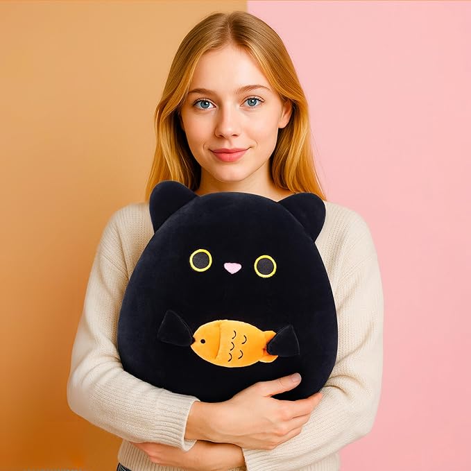 Original 12-inch Large Black Cat Plush Pillow Stuffed Animal Toy,Big Size Cute Soft Fat Hugging Cuddle Huggable Plushie,Gift for Kids