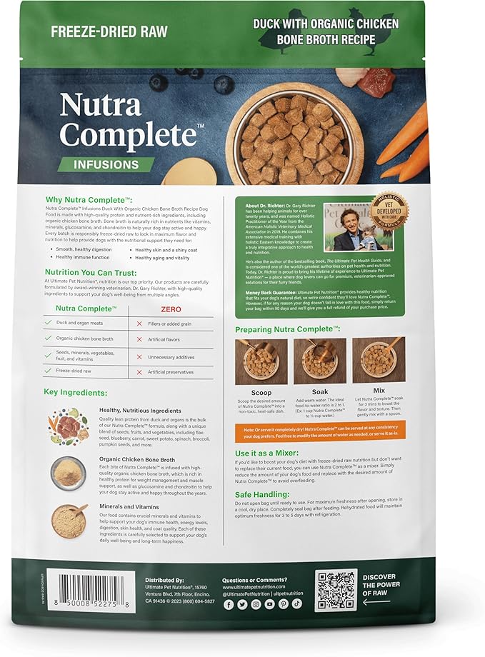 ULTIMATE PET NUTRITION Nutra Complete Bone Broth Infusions, 100% Freeze Dried Raw Veterinarian Formulated Dog Food with Antioxidants Prebiotics and Amino Acids (3 Pound, Bone Broth Duck)