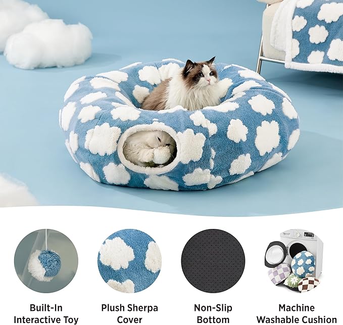 Lesure Cat Tunnel Bed for Indoor Cats - Cute Cat Donut Tunnel Toys for Small Large Cats with Washable Circle Cushion, Round Pet Peekaboo Cave Toy for Kitten/Puppy/Rabbit, Standard Blue