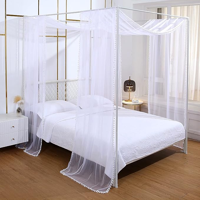 Akiky Pom Pom Canopy Bed Curtains Princess Bed Canopy Scarf for Full/Queen Metal Bed Frame,Wood Frame Bed-2 Panel Sheer Canopy Curtain(White)