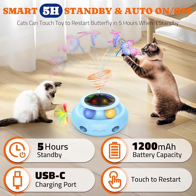 Interactive Cat Toy: 3 in 1 Automatic Cat Toy for Indoor Cats, Electric Kitten Toy with Rechargeable Battery, Self Play Kitty Toys with Rotating Fluttering Butterfly,Track Ball and Ambush Feather,Blue