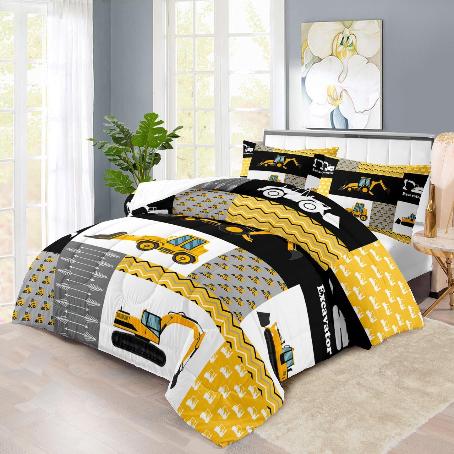 Construction Comforter Set Queen Boys,Yellow Queen Construction Bedding Set,Engineering Vehicles Comforter Yellow Bedroom Decor Kids,Truck Quilt Cartoon Truck Bedding for Teen