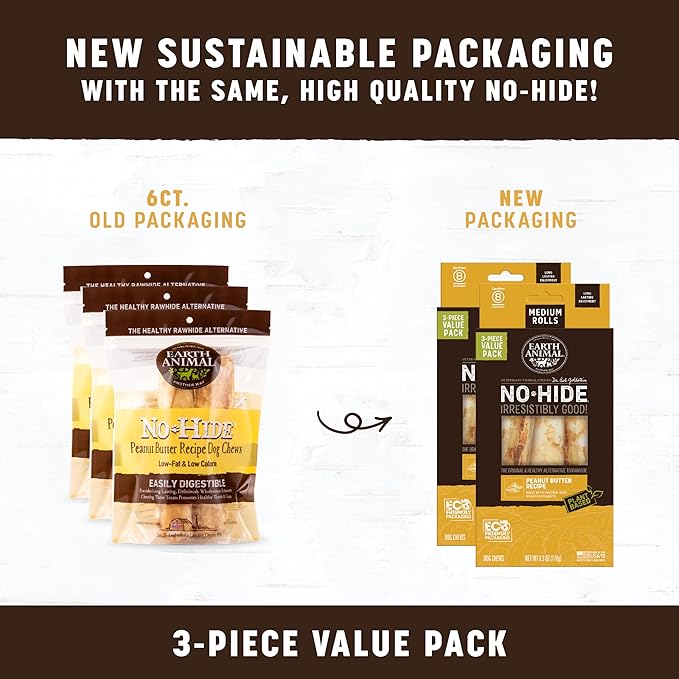 Earth Animal No-Hide Rolls Peanut Butter Recipe Medium Natural Rawhide Alternative Dog Chews - 3 Count Value Pack