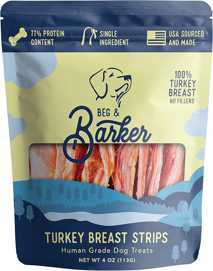 Beg & Barker Turkey Jerky for Dogs (4 Ounce, Pack of 1) - Dog Training Treats - Natural Dog Treats Made in The USA - Grain Free, Diabetic-Friendly, High Protein, Sugar-Free