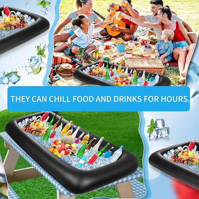 Ice Buffet Serving Tray Drink Cooler with Drain Plug,Inflatable Ice Serving Buffet Bar Inflatable Cooler for Parties Food 52 x 24 x 5'' (Black)