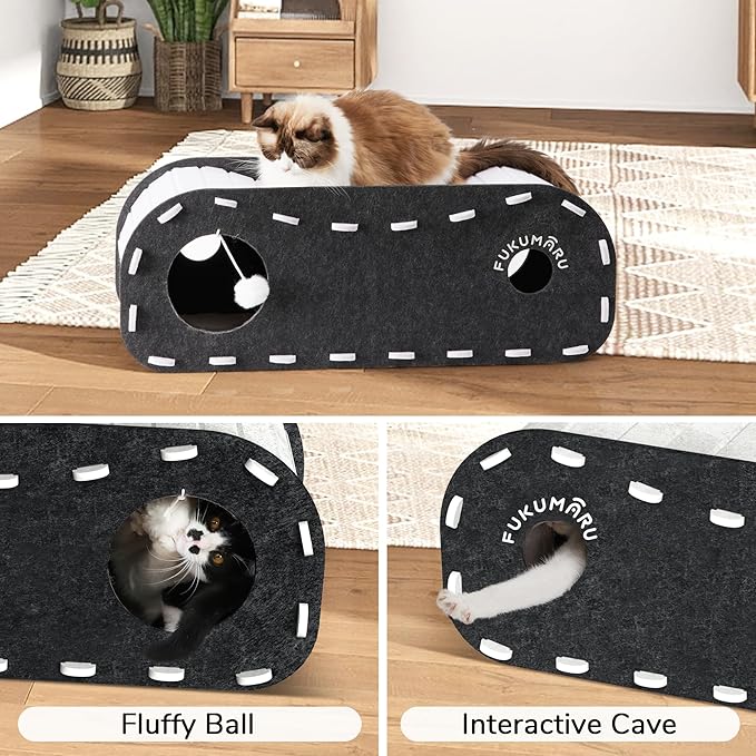 FUKUMARU Cat Beds for Indoor Pets, 31.5 Inches Extra-Large Cat Cave for Multi-Pet, Cozy House with Fluffy Ball Hanging, Scratch Resistant Felt Kitten Hideaway Bed, Feline Tunnel, Grey