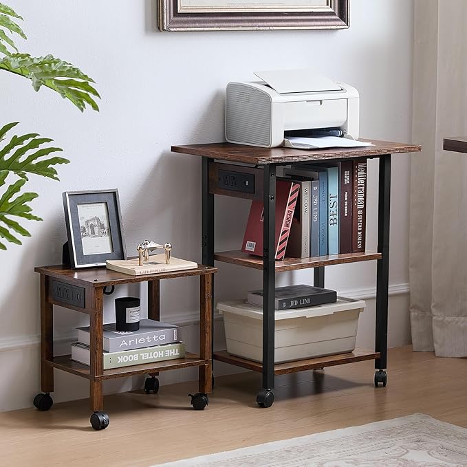 Lerliuo 3-Tier Printer Stand with Charging Station, Industrial Mobile Printer Table with Storage Shelf and Steel Frame, Rolling Printer Cart Holder with Lockable Wheels for Home, Office (Brown)