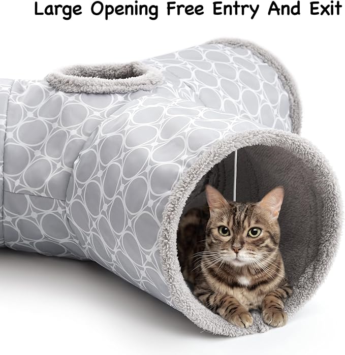 Tempcore Pet Cat Tunnel Tube Cat Toys 3 Way Collapsible, Cat Tunnels for Indoor Cats Fleece-Lined in for Warmth，Kitty Tunnel Bored Pet Toys Peek Hole Toy Ball Cat, Puppy, Kitten, Geometry Grey