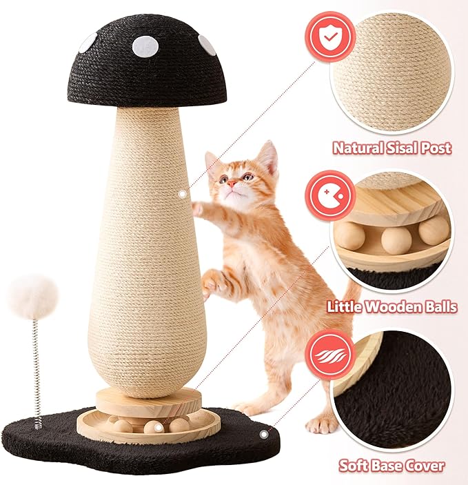 Mushroom Cat Scratching Post Cat Tree, 21.5‘’ H Cute Cat Scratcher Tower with Durable Solid Wood Turntable Toy, Solid Black Mushroom Scratch Post Cat Sisal Scratcher with Catnip for Indoor Cats