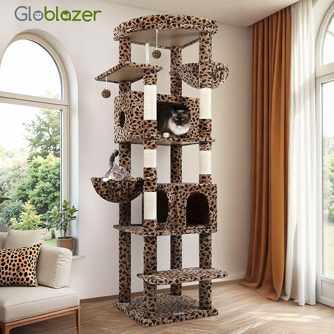 Globlazer Heavy Duty Cat Tree, 74inch Sturdy Cat Tower for Large Cats Adult, Big Cat Tree with 5 Sisal Scratching Posts, 2 Padded Cat Condos, 2 Hanging Baskets, Enlarged Top Perch, S74, Leopard Print