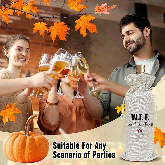 Wine Canvas Bag, Friendsgiving Wine Gift Bag, Thanksgiving Gifts for Women Friend Sister Autumn Harvest Party Wine Bags for Wine Bottles, Wine Gifts With Drawstring Holiday Fall Party Decoration -WB36