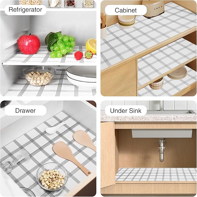 Shelf and Drawer Liner for Kitchen Cabinet,12 in x 20 FT Cabinet Liner Non-Adhesive Non-Slip Contact Paper Waterproof Kitchen Liner Protect Desks, Cupboard with Knife and Tape Measure