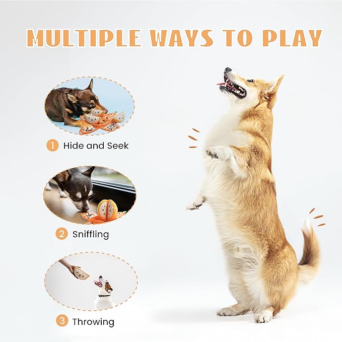 Nocciola Hide and Seek Plush Dog Toys, Orange Tangerine Interactive Dog Toy for Small Dogs, Puppy Squeaky Toy with Crinkle Papers, Puzzle Toy for Boredom, Nosework Pet Toy for Small Medium Dogs