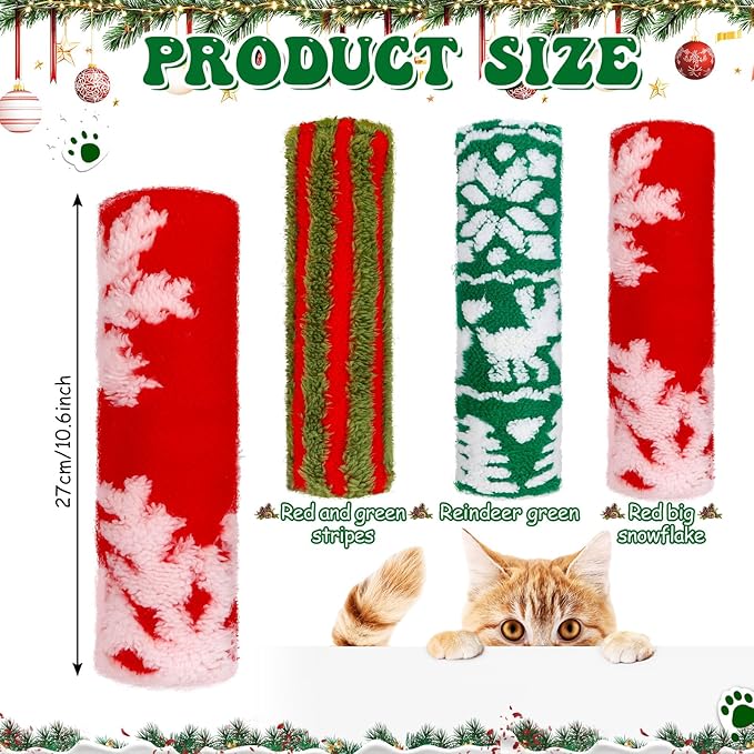 Civaner 6 Pcs 10.6 Inch Christmas Cat Catnip Toy Interactive Kitten Kicker Toy Soft Plush Cat Pillow Stick Kitten Chasing Exercising Chewing Catnip Indoor Xmas Gift (Red, Green, Red Green Stripes)