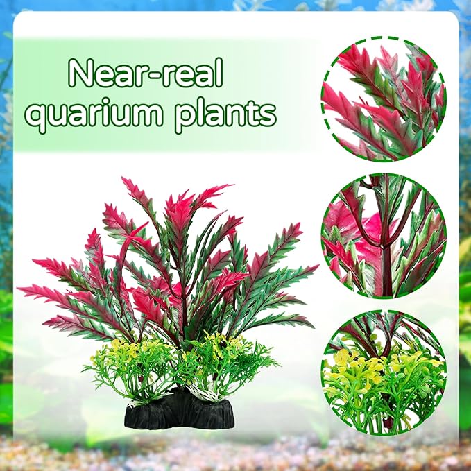 Fish Tank Accessories Aquarium Plants, 12pcs Colorful Fish Tank Artificial Plants and Cave Rock Decor Set, Aquarium Decorations Plants