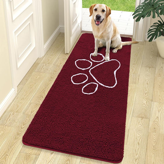 OLANLY Door Mat for Muddy Dog Paws 70x24, Ultra Absorbent Chenille Mud Doormat with Paw Print Design, Non-Slip Washable Doormat for Indoor Entryway, Quick-Dry Pet Bed Mats for Dirty Dogs, Burgundy