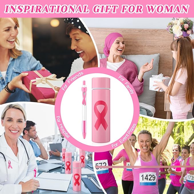 6 Pcs Breast Cancer Awareness Gifts Mini Thermal Stainless Steel Water Bottle With Pink Ribbon Pens 4.4 Oz Pink Ribbon Water Bottle Woman Inspirational Gift for Survivor (Pink)
