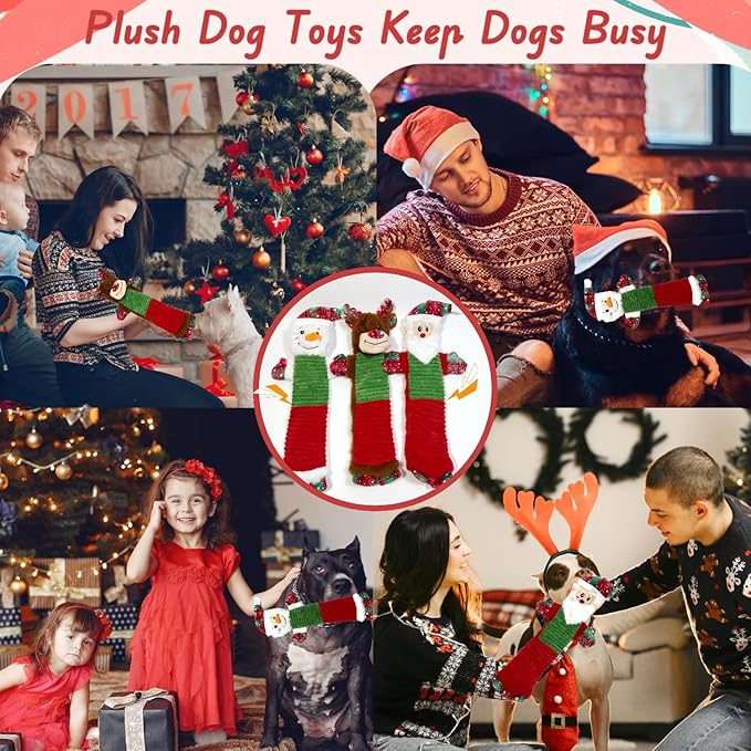 3PCS Christmas Dog Squeaky Toys with Crinkle, Xmas Interactive Plush Toys to Boredom, Dog Enrichment Chew Toys to Keep Them Busy, for Small Medium Large Size Santa Claus/Snowman/Deer