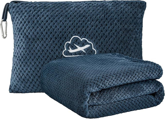 BEDELITE Travel Blanket Airplane Compact with Bag, Portable and Packable 2 in 1 Travel Pillow and Blanket Set, Airplane Blanket Travel Essentials with Luggage Sleeve & Backpack Clip, Navy Blue