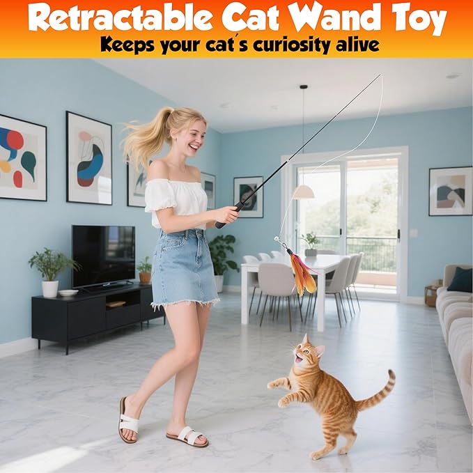 Retractable cat wand toys, 14PCS teaser refills-feather & worm refills and chirping mouse toy, interactive cat teaser toys for indoor cats, fishing pole games for bored indoor kitten exercise & play