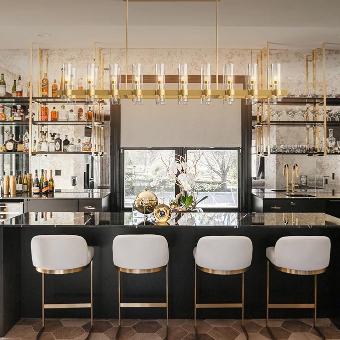 Brass Kitchen Island Lighting-20-Light Linear Chandelier, Adjustable 67.7'' Modern Farmhouse Rectangle Pendant Light Fixtures, Dining Room, Bedroom