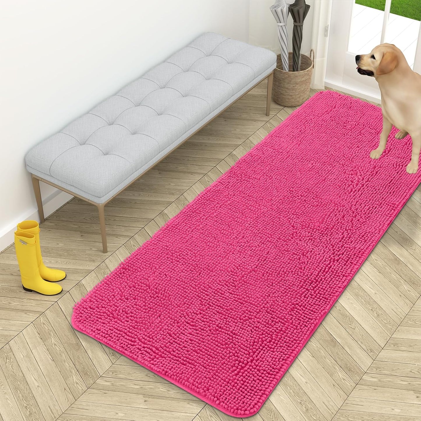 OLANLY Dog Door Mat for Muddy Paws 59x24, Absorbs Moisture and Dirt, Absorbent Non-Slip Washable Doormat, Quick Dry Chenille Mud Mat for Dogs, Entry Indoor Entryway Carpet for Inside Floor, Hot Pink