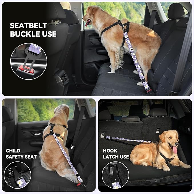 Pawaboo 2Pack Dog Seatbelt for Car, 3-in-1 Dog Car Seat Belt Bungee, Dogs Tether for Cars with Buckle & Hook Latch, Adjustable Reflective Dogs Cars Harness Leash with 360° Lockable Buckle,Light Purple