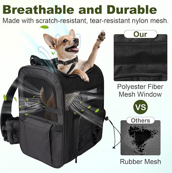 Dog Backpack, Breathable and Comfortable - with Chest Strap, Waist Strap, Safety Buckle and Elevated Interactive Pad, Ideal Pet Carrier Bag for Traveling, Hiking and Daily Walks, Black