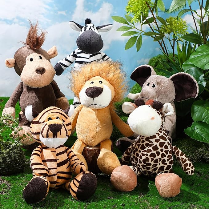 HyDren 12 Pieces Safari Stuffed Animals 8 Inch Jungle Animal Toys Set Boys Girls Plush Forest Animals Lion Elephant Zebra Giraffe Tiger Monkey for Zoo Animal Party Teacher Student Award
