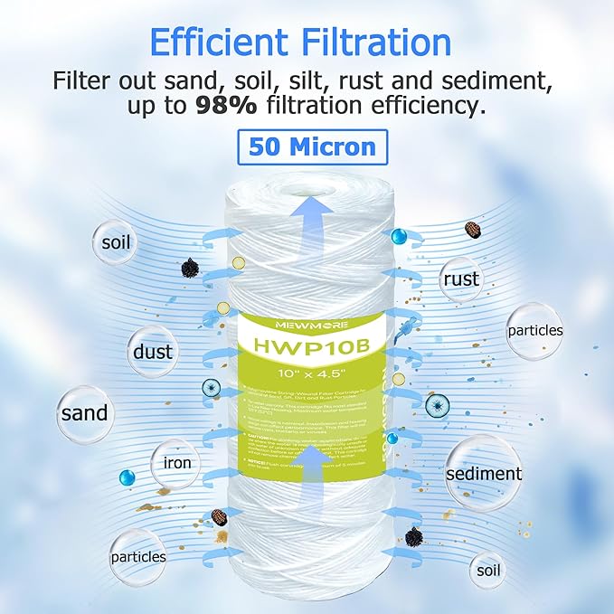 50 Micron Whole House Water Filter Cartridge, String Wound Sediment Filters for Well Water, Replacement for 84637, WPX5BB97P, WP10BB97P, WP25BB97P - 10" x 4.5" Cartridges - Pack of 4