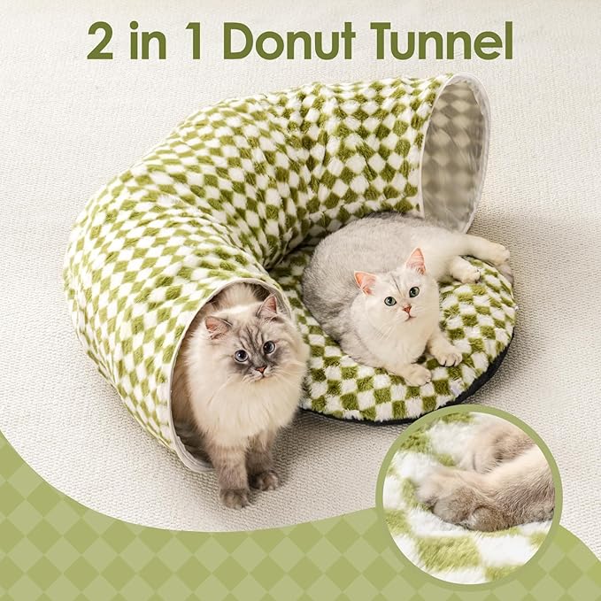 MEWOOFUN Cat Tunnels for Indoor Cats, Cute Tunnel Bed, Donut Tunnel with Washable Cushion, Round Peekaboo Cave for Play & Rest, Cat Toy for Kittens, Puppies & Rabbits, Green