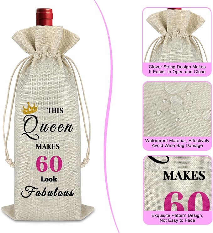 60th Birthday Gift 60 Year Old Birthday Gift for Women Drawstring Wine Bag Turning Sixty Year Old Birthday Gift 60th Milestone Christmas New Year Gift Reusable Wine Wrap Bag for Grandma Mom