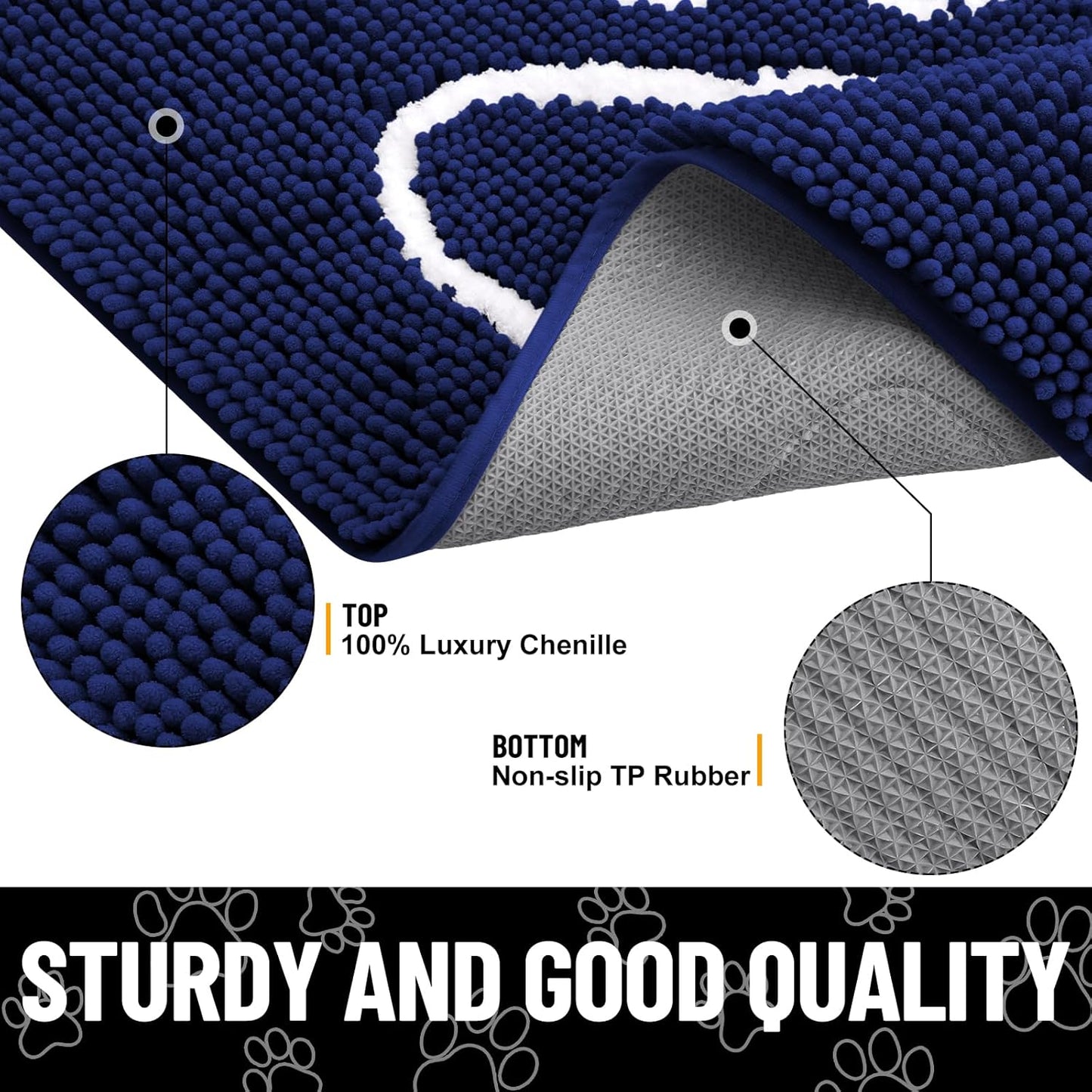 Smiry Dog Door Mat for Muddy Paws, Absorbent Dirt Trapper Non Slip Quick Dry Washable Chenille Mat for Mud Dogs, Entry Rug for Indoor and Outdoor (36x24 Inches, Navy Blue)