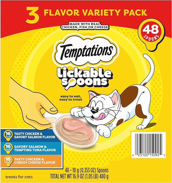 Temptations Lickable Spoons Adult Wet Cat Treats, 48 Spoons, Variety Pack