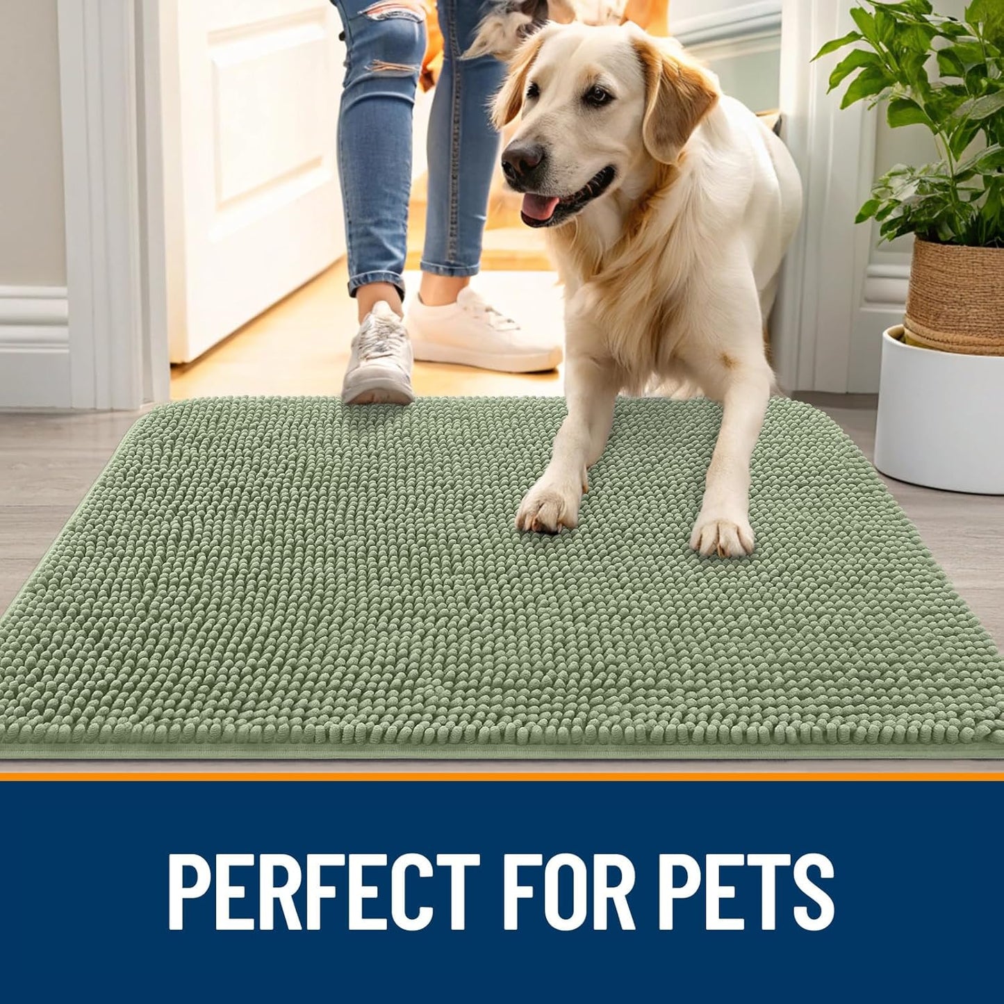 OLANLY Dog Door Mat for Muddy Paws 30x20, Absorbs Moisture and Dirt, Absorbent Non-Slip Washable Doormat, Quick Dry Chenille Mud Mat for Dogs, Entry Indoor Entryway Carpet for Inside Floor, Sage Green