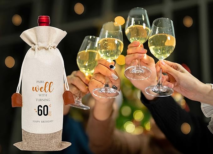 60th Birthday Wine Bag, Cotton Linen Wine Gift Bag With Drawstring, Wine Champagne Bottle Gift Bag, 60 Years Old Birthday Gifts for Woman Her Friend Sister, 60th Birthday Party Favors-29