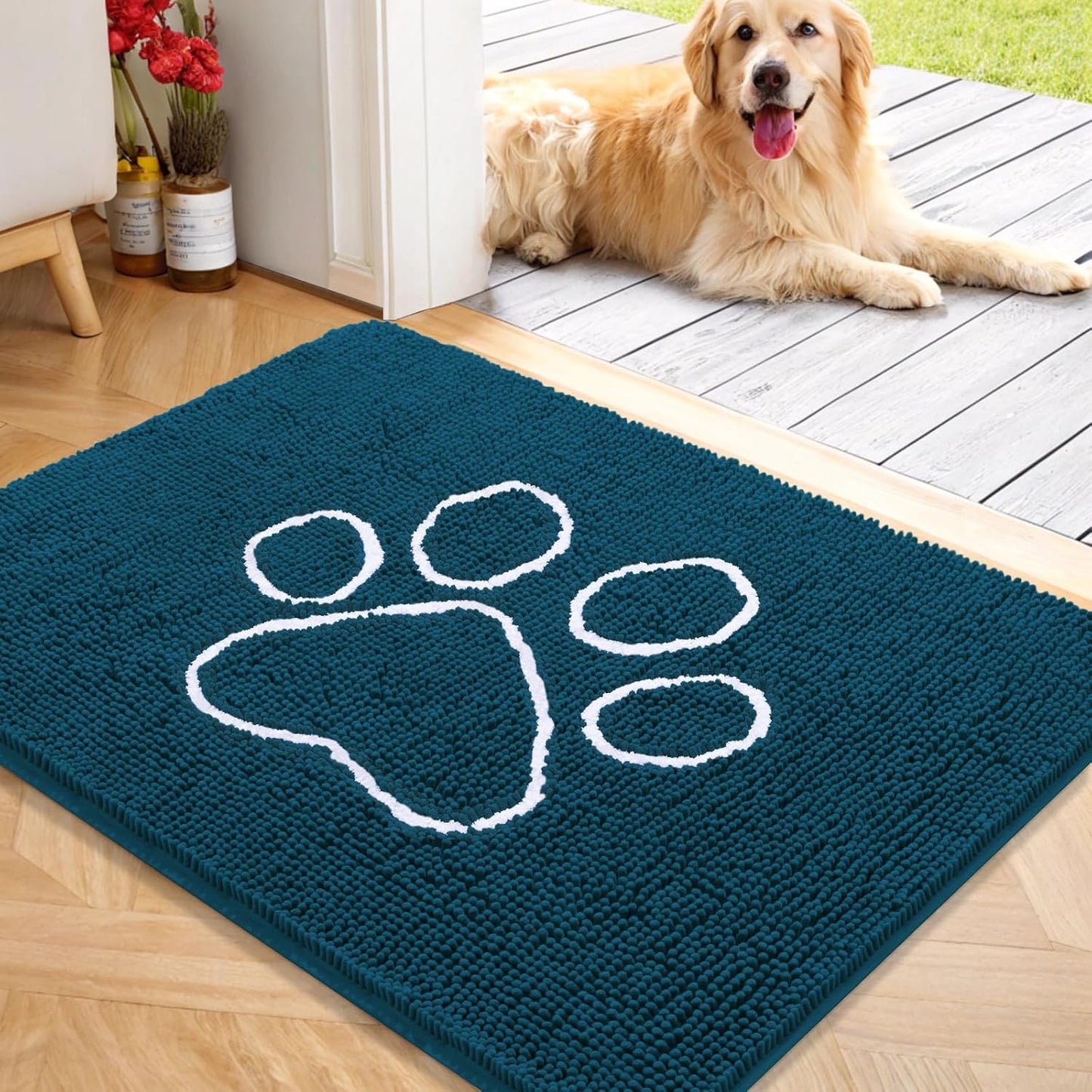 OLANLY Door Mat for Muddy Dog Paws 40x32, Absorbent Chenille Mud Doormat with Paw Print Design, Non-Slip Washable Doormat for Indoor Entryway, Quick-Dry Pet Bed Mats for Dirty Dogs, Atlantic Blue
