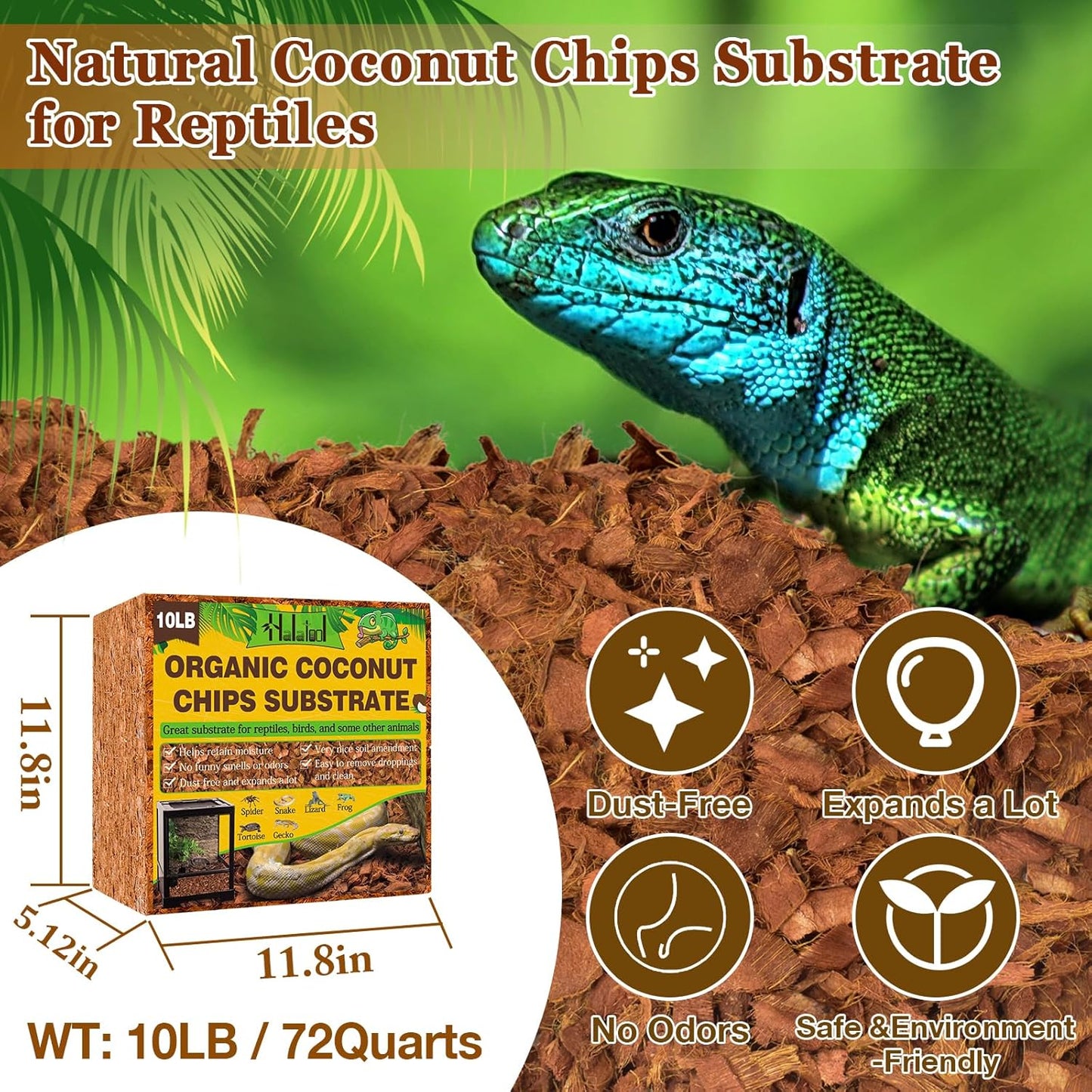 Halatool 10LB Coconut Chips Substrate for Reptiles 72QT Natural Coco Husk Snake Bedding for Ball Python Coco Coir Chip Terrarium Substrate for Tortoise Frog Gecko Hermit Crab Hamster