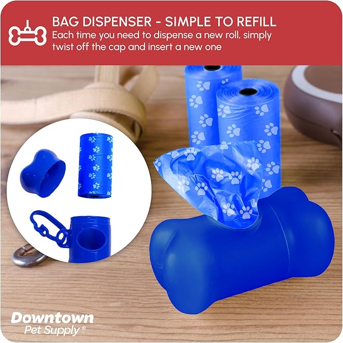 Downtown Pet Supply Poop Bags for Dogs with Dispenser, 220 Count - Leak-Proof Dog Waste Bags and Bone-Shaped Dog Poop Bags Holder for Leash - Rainbow with Paw Prints, 12.5" x 8.5"