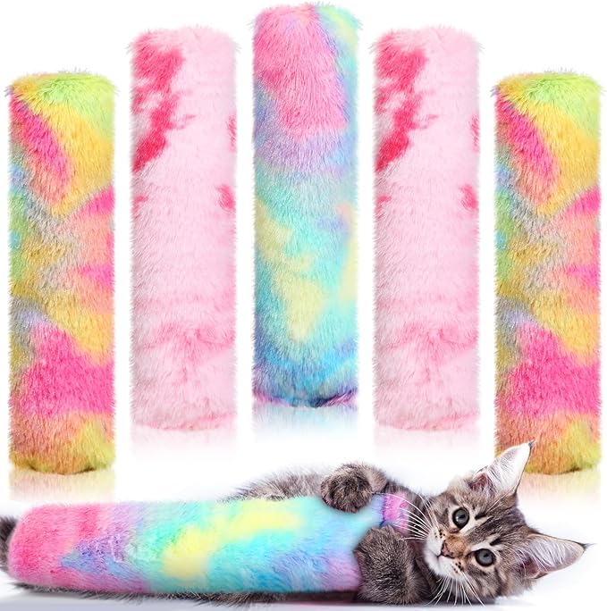 Civaner 6 Pcs 10.6 Inch Cat Catnip Toys Interactive Kitten Kicker Toy Soft Plush Cat Pillow Sticks Kitten Chasing Chewing Exercising Catnip Toy Indoor(Pink,Blue,Yellow,Candy)