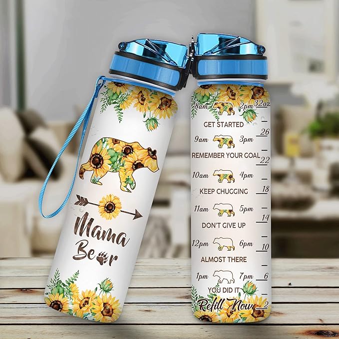 Hyturtle Bear Lovers Water Bottle - 32 Oz 1Liter Motivational Bottle With Time Marker, Mama Bear With Sunflower Gift For Animal Lovers, Women, Girls, Mom on Birthday, Christmas