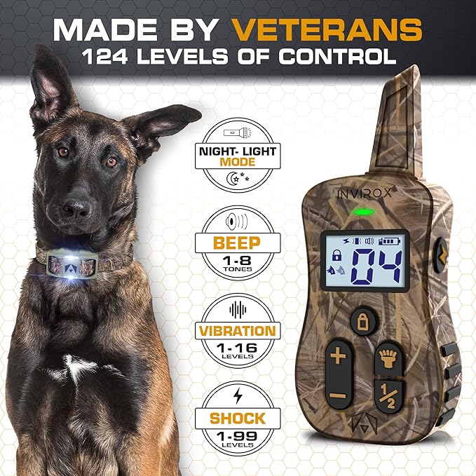 INVIROX Shock Collar for Dogs [Ultra K9 Hunting Series] 124 Training Levels, 4 Powerful Modes with Night-Light and ¾ Mile Range 100% Safe Dog Training E Collar for Large Dogs IP67 Waterproof