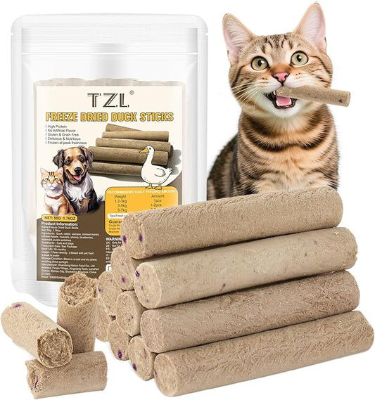 Freeze Dried Duck Stick Cat Treats, High Protein Healthy Treats for Cats & Dogs, Natural Teeth Cleaning Snacks, Gluten& Grain Free (50g)