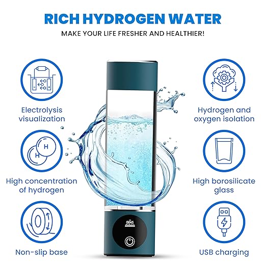Hydrogen Water Bottle Generator- [+3000PPB] 4th Generation Hydrogen Generator Water Bottle with LED Display & Extended Battery Life- Compact, Portable (Turquoise)