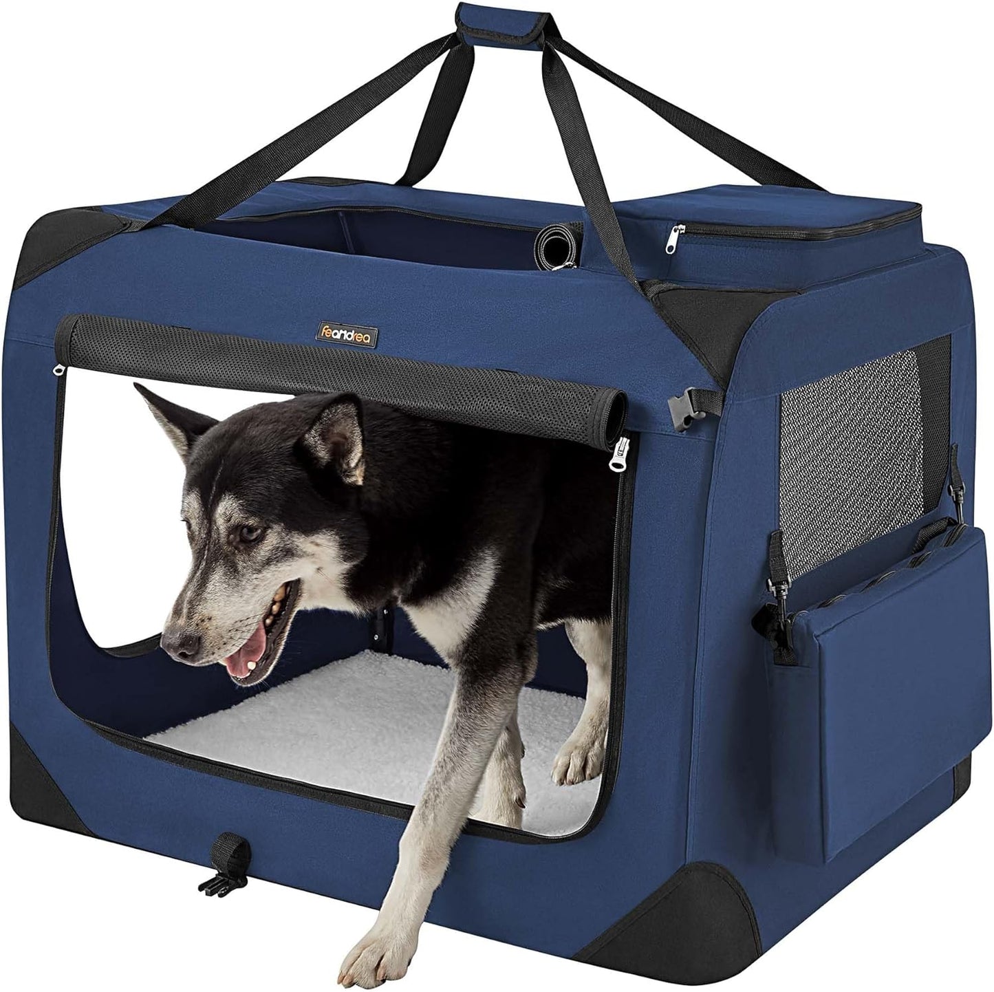 Feandrea 36 Inches Collapsible Soft Dog Crate, Portable Travel Dog Crate for Indoor and Outdoor Use, Dog Carrier Kennel with Safety Zippers, for Living Room, Car, Travelling, Campin, Dark Blue UPDC90Z
